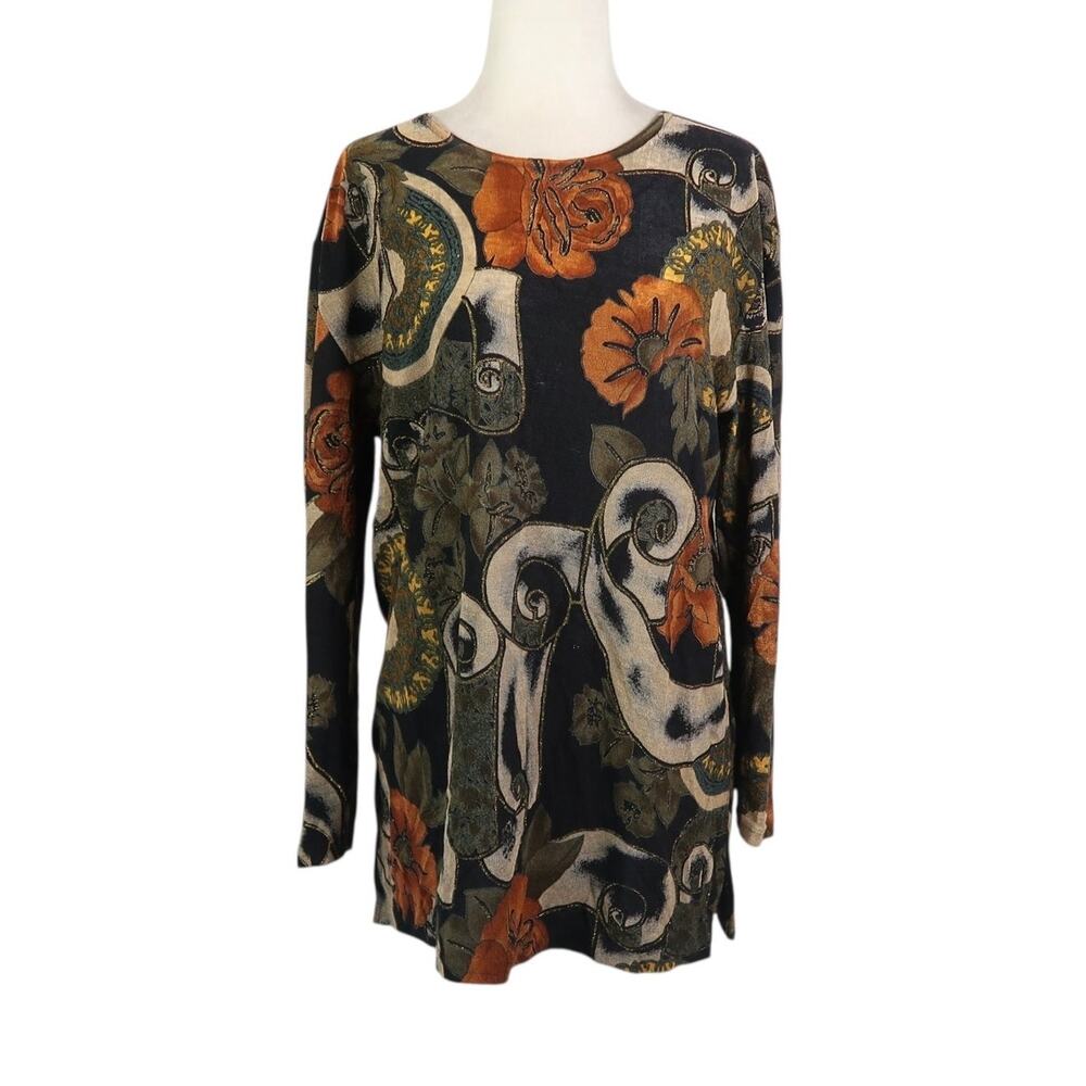 Vintage 90s Superline Black Orange Abstract Floral Slinky Jersey Long Sleeve Tee